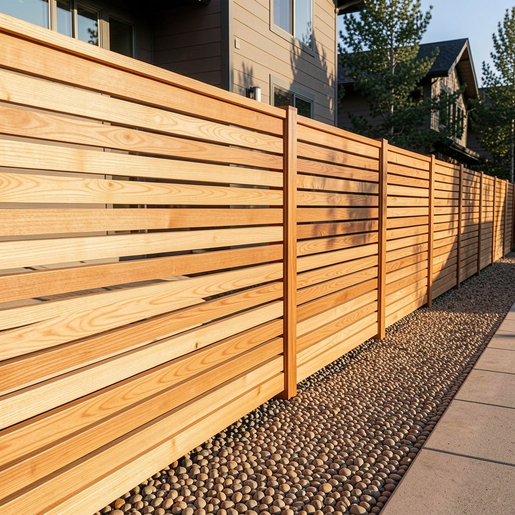 Horizontal slat cedar fence in a modern Colorado backyard