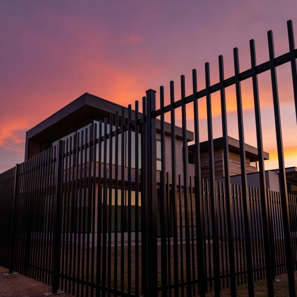 Black metal fence with vertical pickets at dusk