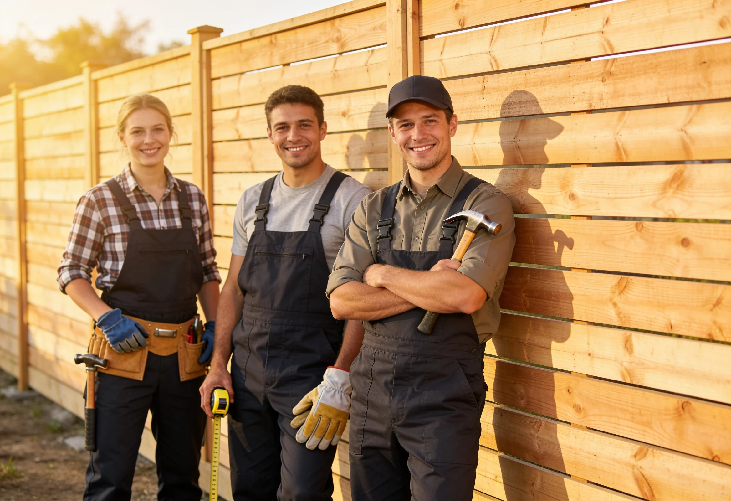 The Fort Collins Fence crew in front of a finished cedar fence in a local neighborhood