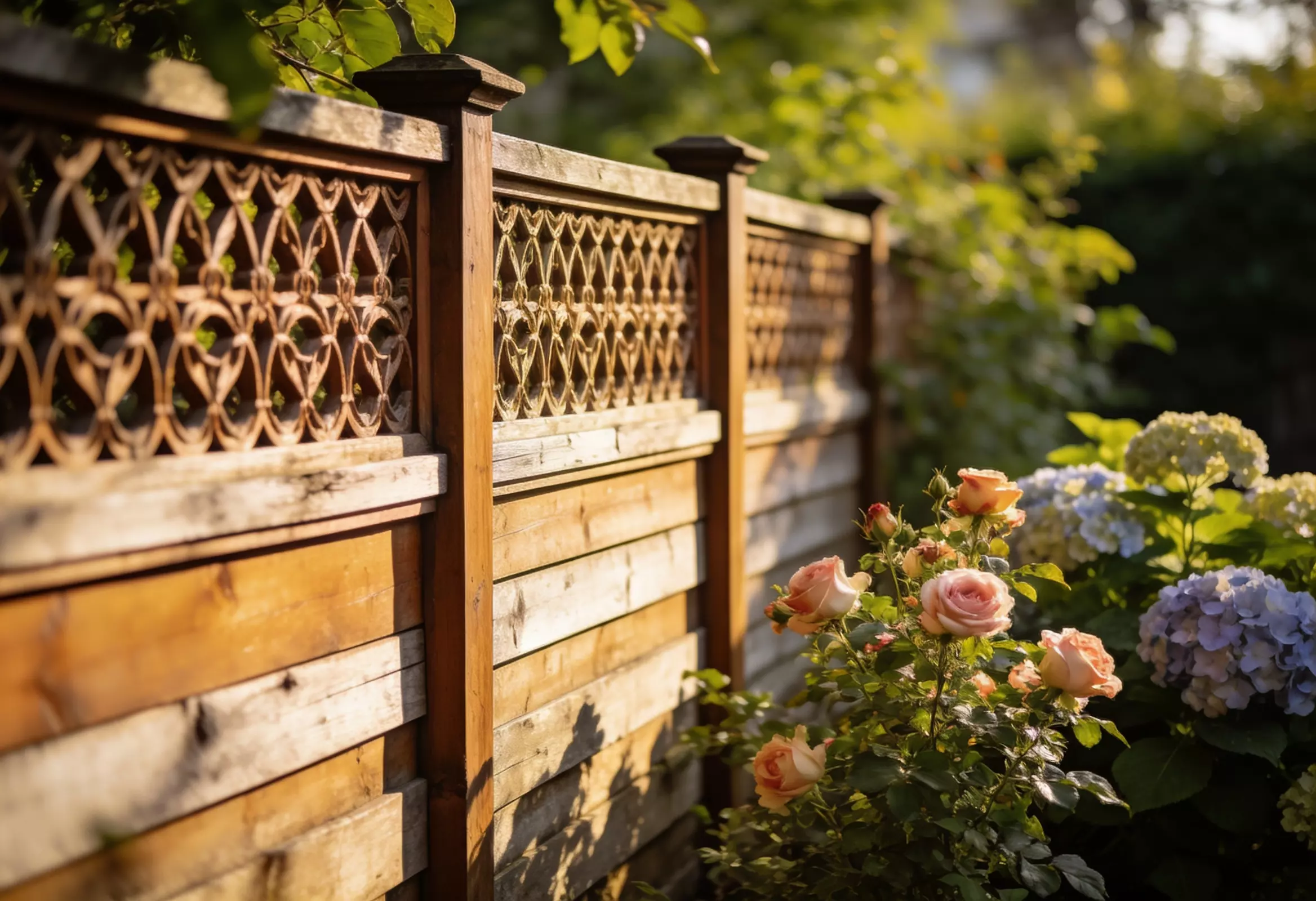 Custom cedar fence with lattice top panels and mixed board patterns along a Colorado garden